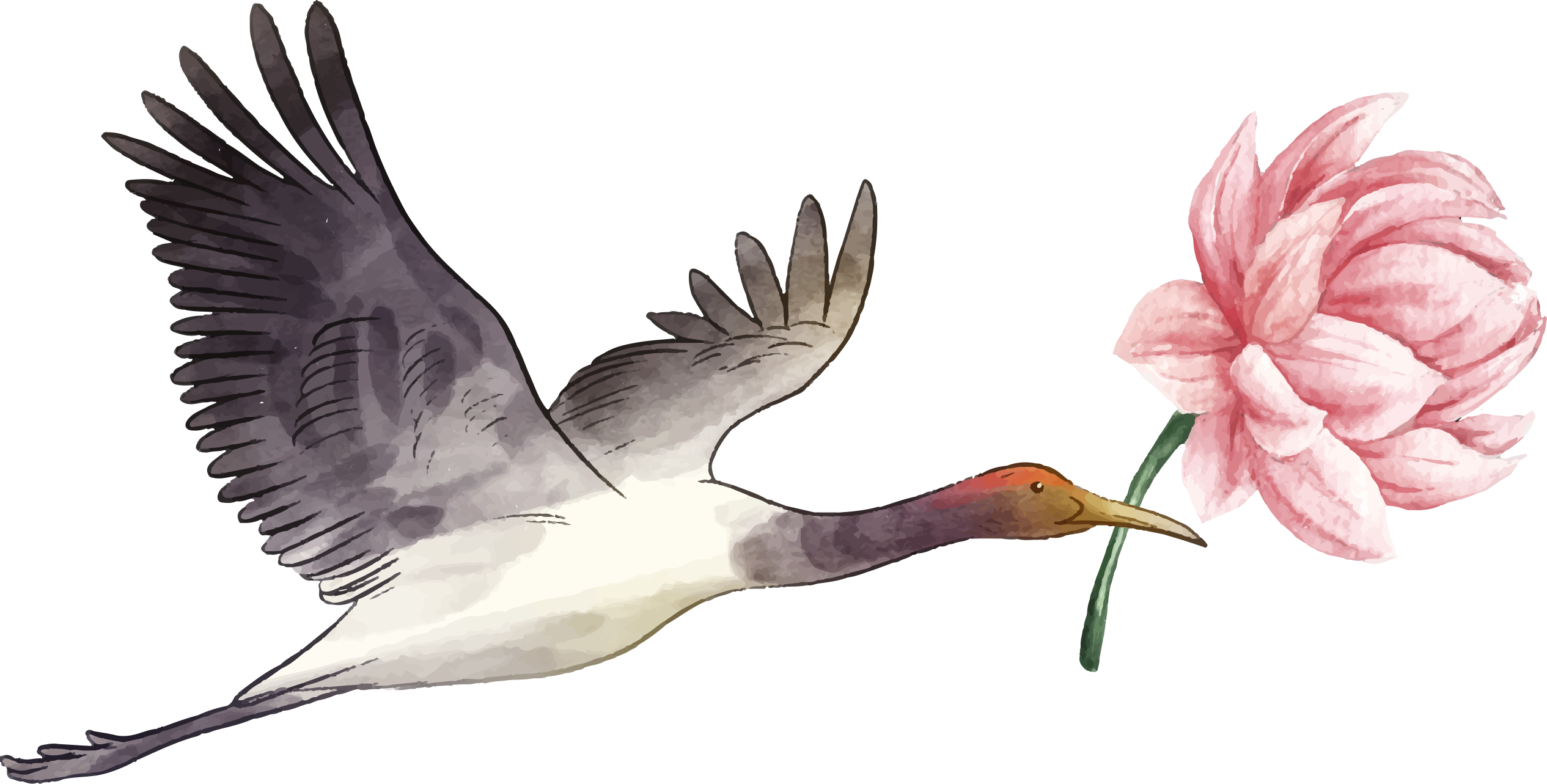 Illustration of a flying crane carrying a pink lotus flower